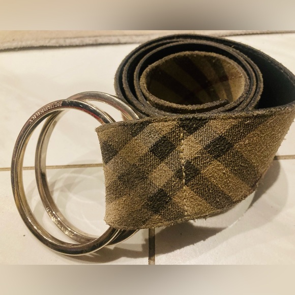 Burberry Suede Classic Plaid Print Wide Double-Ring Belt - Picture 2 of 8